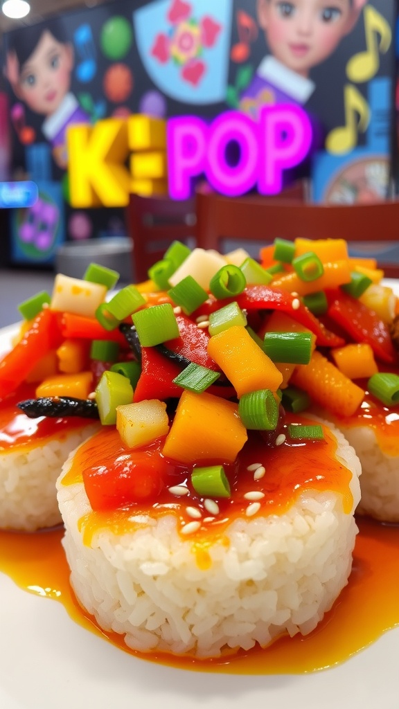 A colorful plate of spicy Korean rice cake snack with vegetables and garnishes in a K-Pop themed atmosphere.